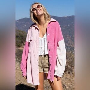 POL Clothing Blush Hot Pink Corduroy Color Block Shacket Button Up